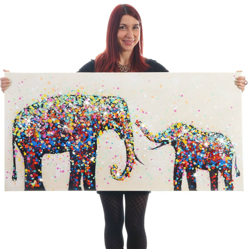 Tableau peinture à huile, éléphant + perles, peint à la main à 100%, toile de décoration murale XL - 120x60cm