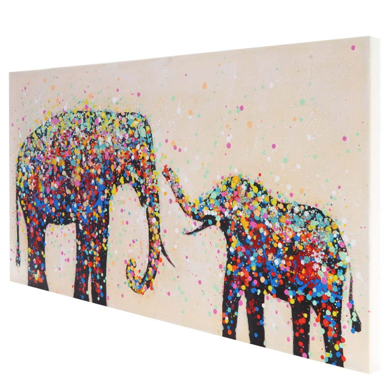 Tableau peinture à huile, éléphant + perles, peint à la main à 100%, toile de décoration murale XL - 120x60cm