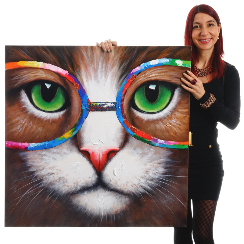 Tableau à l'huile 3D, chat hipster, peint à la main à 100%, toile de décoration murale XL - 90x90cm
