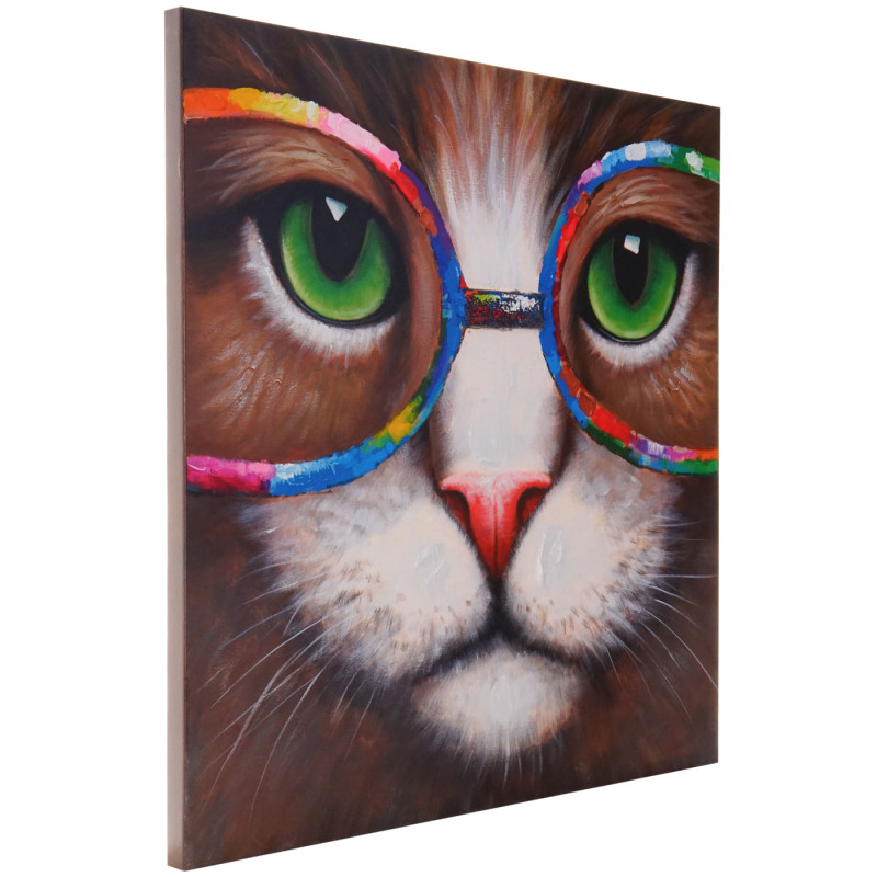 Tableau à l'huile 3D, chat hipster, peint à la main à 100%, toile de décoration murale XL - 90x90cm