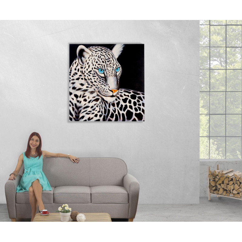 Tableau à l'huile, léopard blanc, peint à la main à 100%, toile de décoration murale XL - 100x100cm