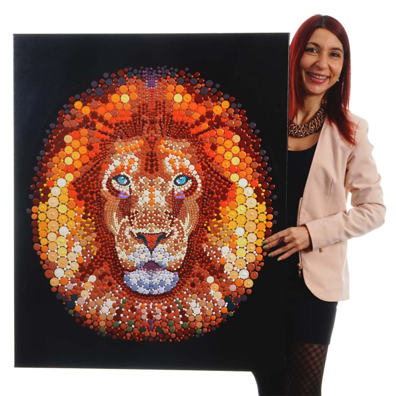 Tableau à l'huile, lion, peint à la main à 100%, toile de décoration murale XL - 100x80cm