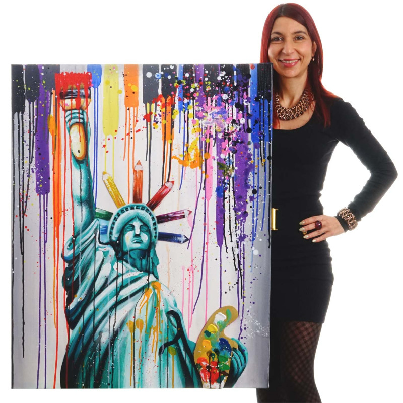 Tableau à l'huile 3D, statue de la liberté, peint à la main à 100%, toile de décoration murale XL - 100x80cm