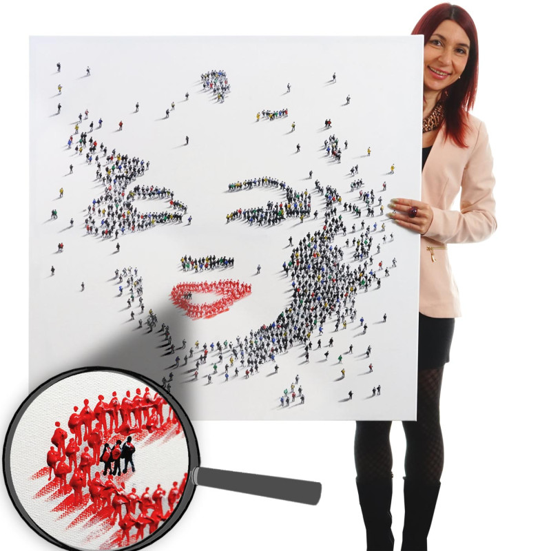 Tableau à l'huile, Marylin+foule, peint à la main à 100%, toile de décoration murale XL - 100x100cm