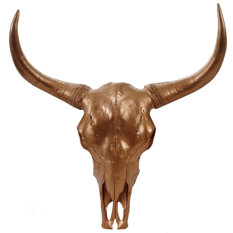 Crâne de décoration taureau 64cm, polyresin, sculpture, cornes longues, intérieur/plein air - cuivre antique