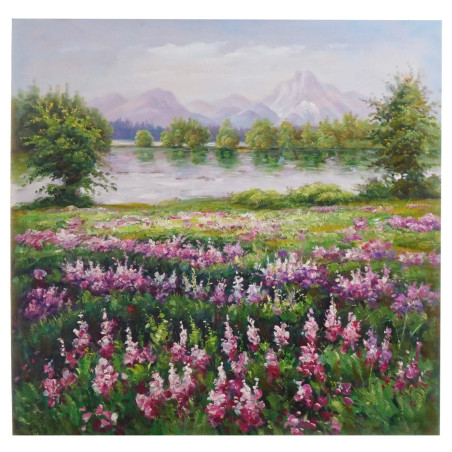 Tableau à l'huile, pré fleuri, peint à la main à 100%, toile de décoration murale XL - 80x80cm