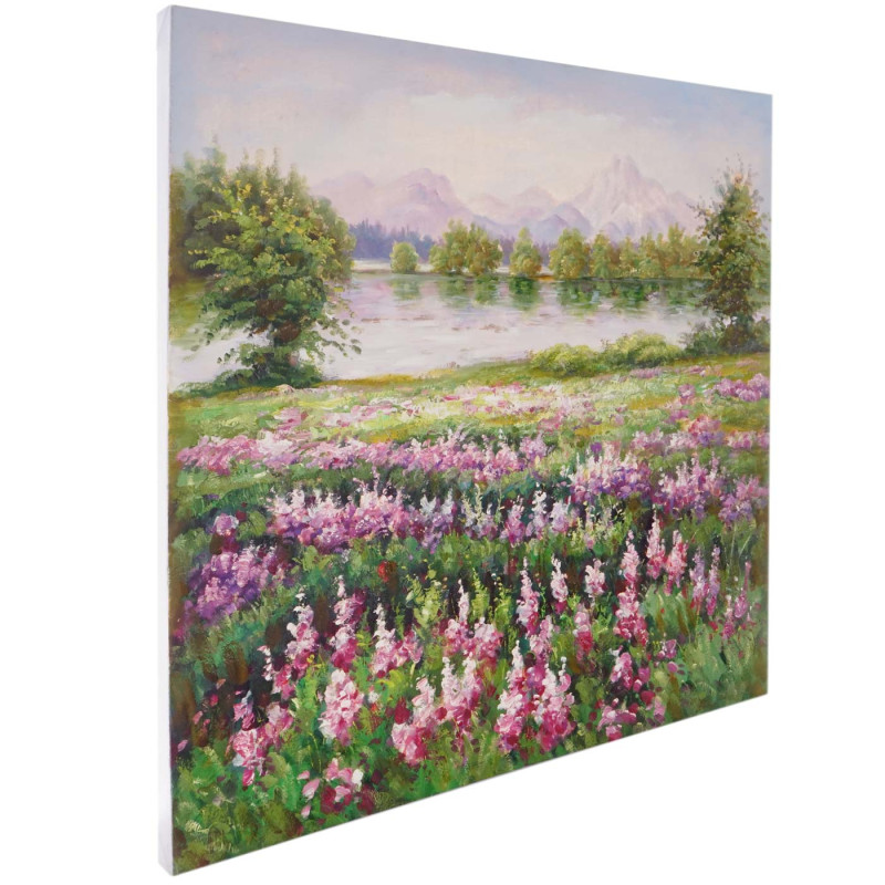 Tableau à l'huile, pré fleuri, peint à la main à 100%, toile de décoration murale XL - 80x80cm