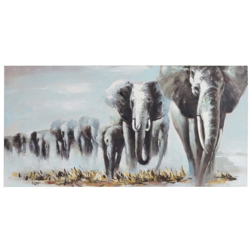 Tableau à l'huile, éléphants, peint à la main à 100%, toile de décoration murale XL - 140x70cm