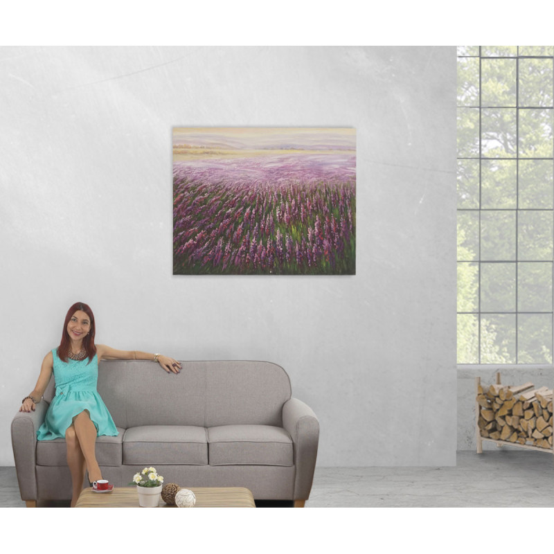 Tableau à l'huile, champ de fleurs, peint à la main à 100%, toile de décoration murale XL - 100x80cm