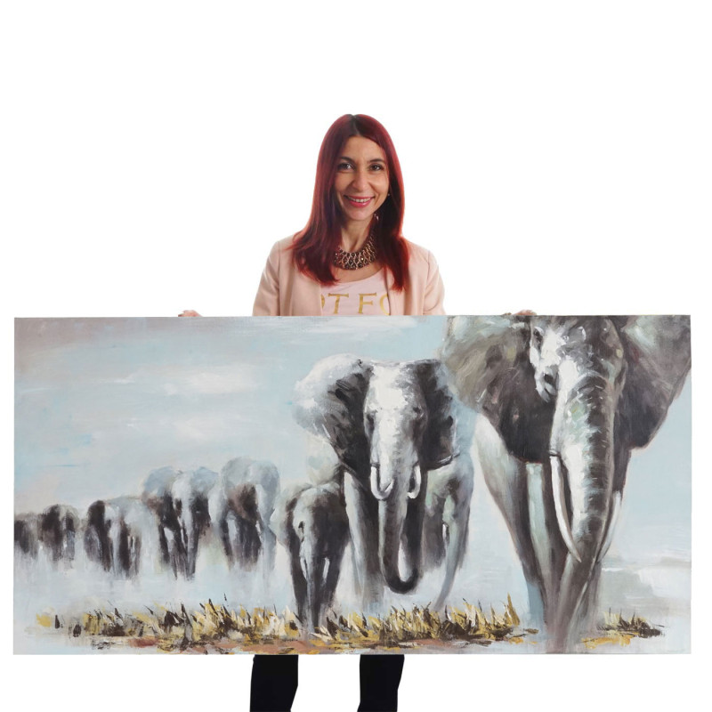 Tableau à l'huile, éléphants, peint à la main à 100%, toile de décoration murale XL - 140x70cm
