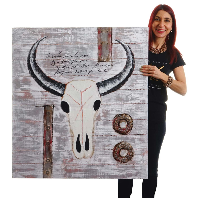 Tableau à l'huile 3D, taureau, peint à la main à 100%, toile de décoration murale XL - 100x90cm