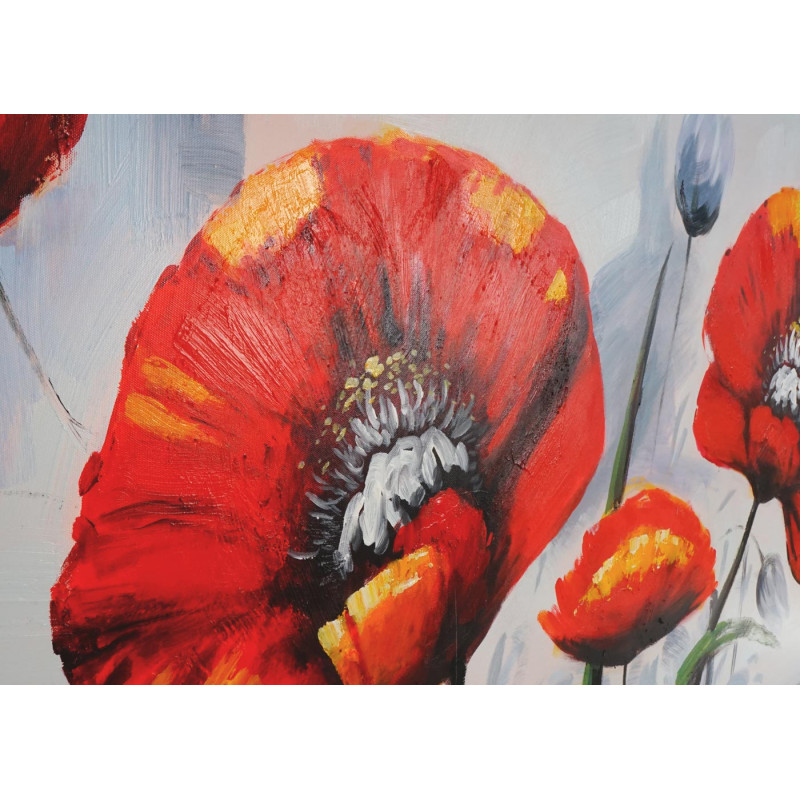 Tableau à l'huile, pavot rouge, peint à la main à 100%, toile de décoration murale XL - 140x70cm
