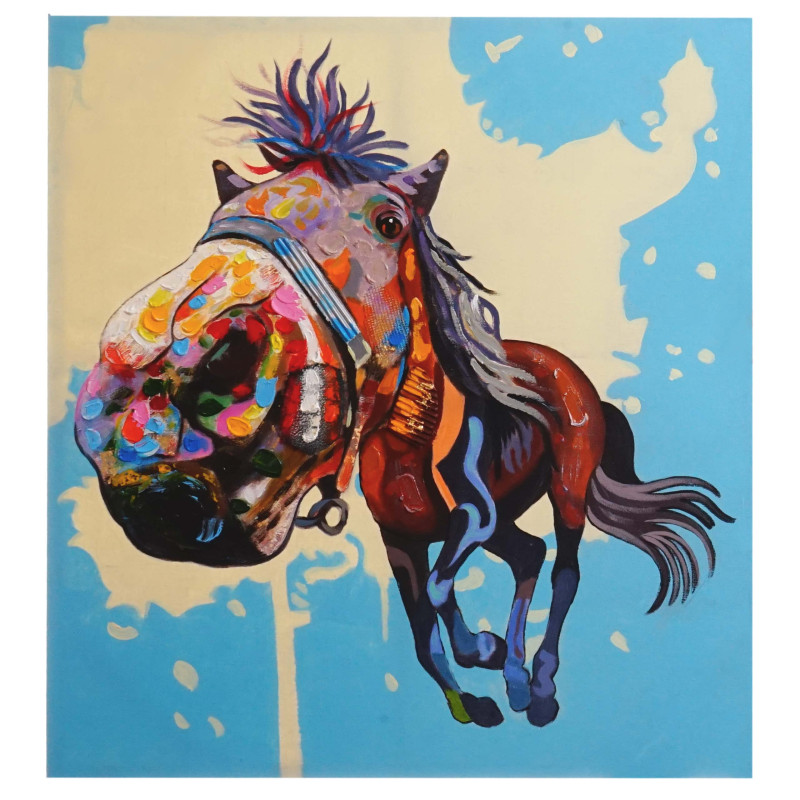 Tableau à l'huile 3D, cheval, peint à la main à 100%, toile de décoration murale XL - 100x90cm