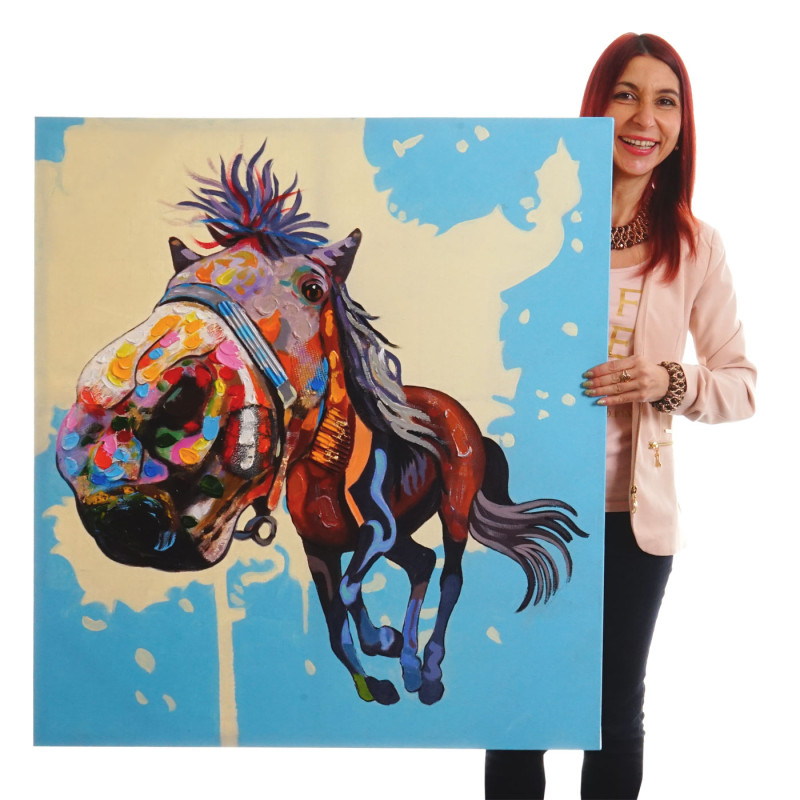 Tableau à l'huile 3D, cheval, peint à la main à 100%, toile de décoration murale XL - 100x90cm