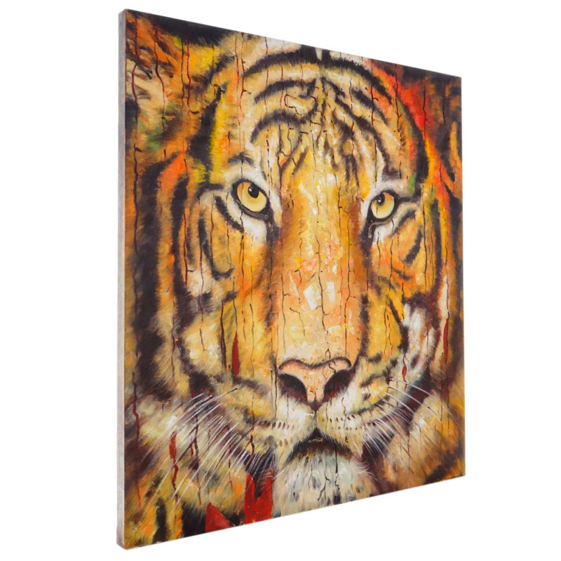 Tableau à l'huile, tigre, peint à la main à 100%, toile de décoration murale XL - 100x90cm