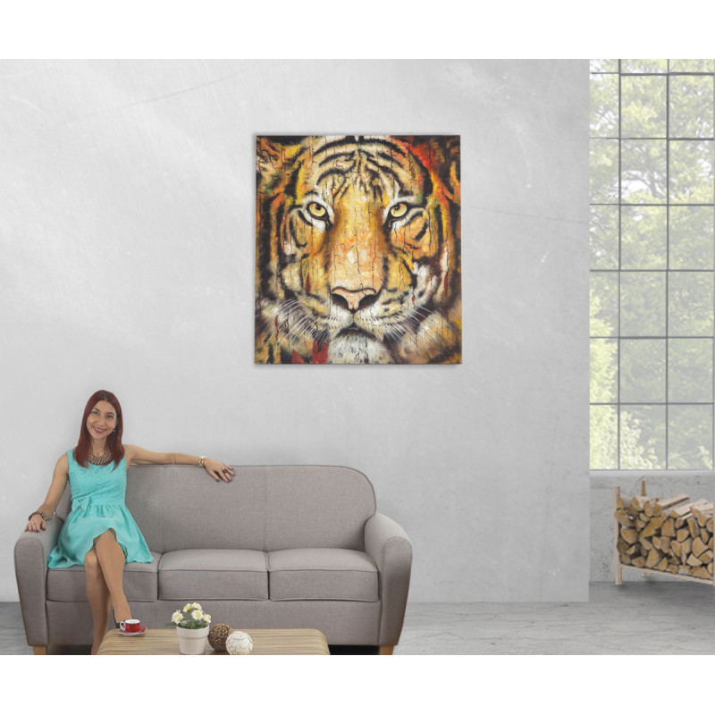 Tableau à l'huile, tigre, peint à la main à 100%, toile de décoration murale XL - 100x90cm