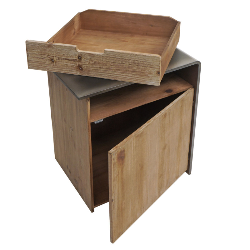 Commode table de chevet d'appoint, bois massif industriel certifié MVG 60x50x40cm, naturel avec aspect métal