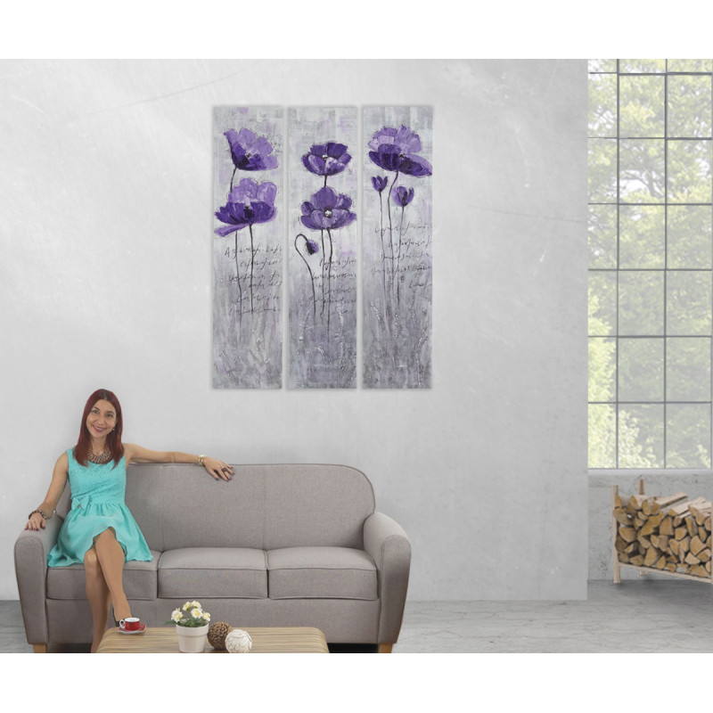 Tableau à l'huile, fleurs lilas, peint à la main à 100%, toile de décoration murale XL - 120x90cm