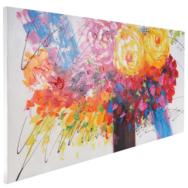 Tableau à l'huile, bouquet de fleurs, peint à la main à 100%, toile de décoration murale XL - 140x70cm