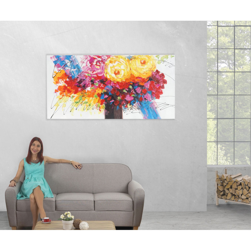 Tableau à l'huile, bouquet de fleurs, peint à la main à 100%, toile de décoration murale XL - 140x70cm