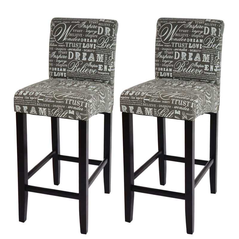 2x tabouret de bar chaise bar - écriture, gris, pieds foncés, tissu