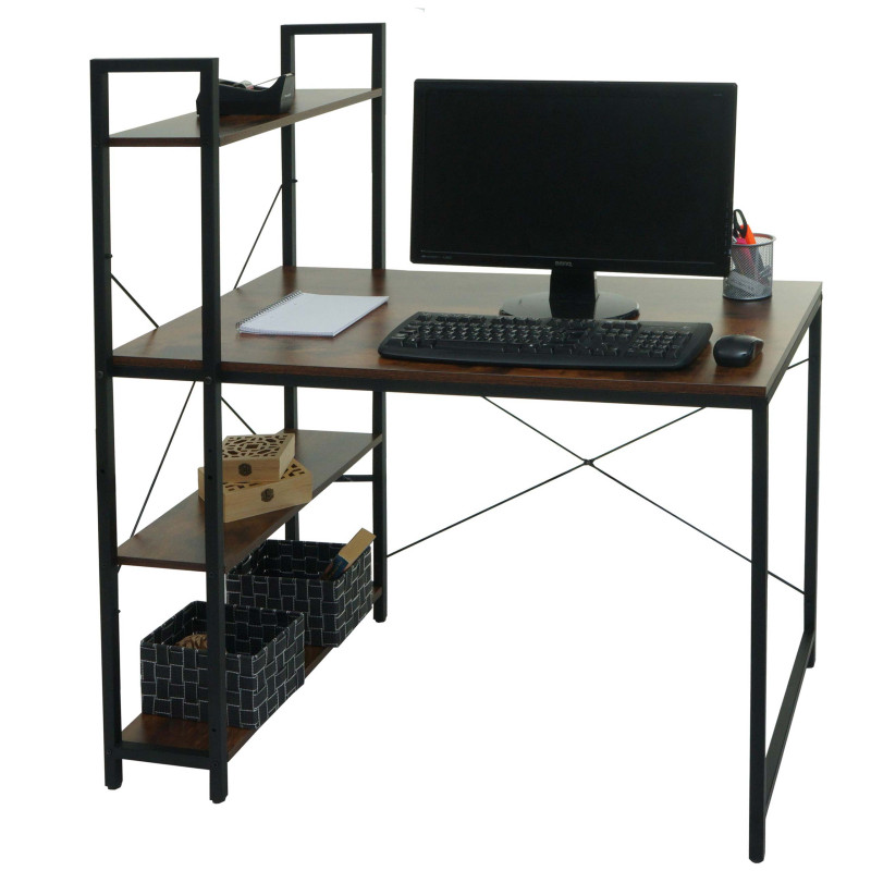 Bureau avec étagère table d'ordinateur portable table de travail, 100x60cm métal MDF - brun