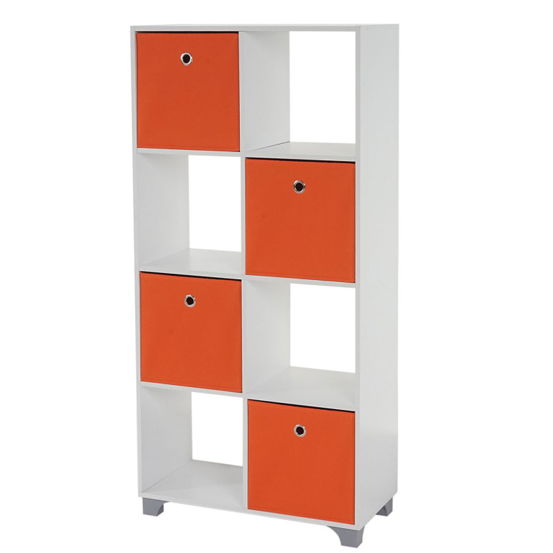 Étagère T364, étagère indépendante en bois, blanc, avec 4 boîtes pliables - orange