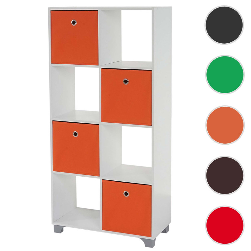 Étagère T364, étagère indépendante en bois, blanc, avec 4 boîtes pliables - orange