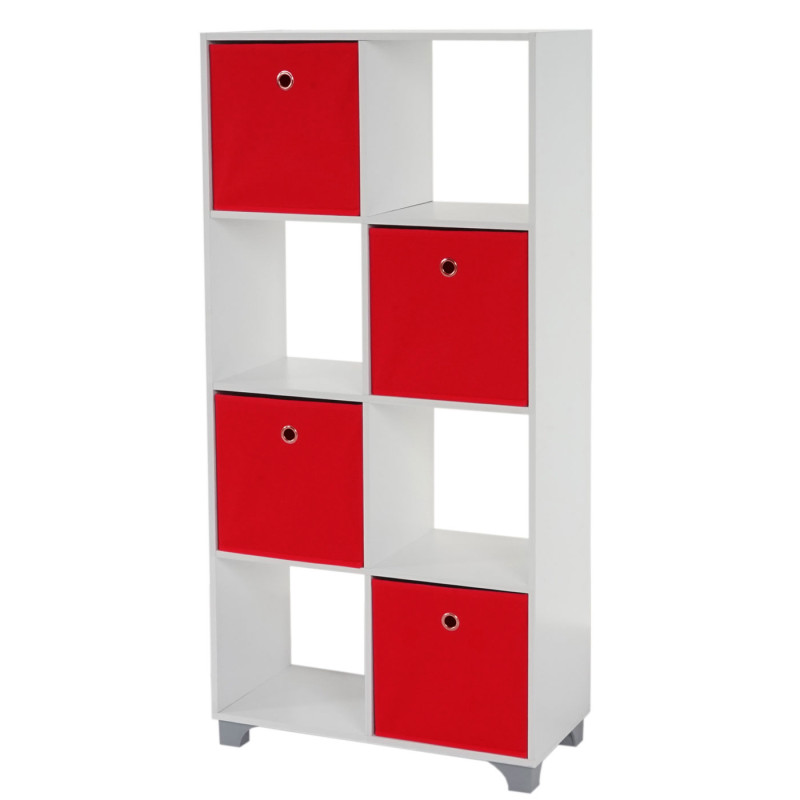 Étagère T364, étagère indépendante en bois, blanc, avec 4 boîtes pliables - rouge