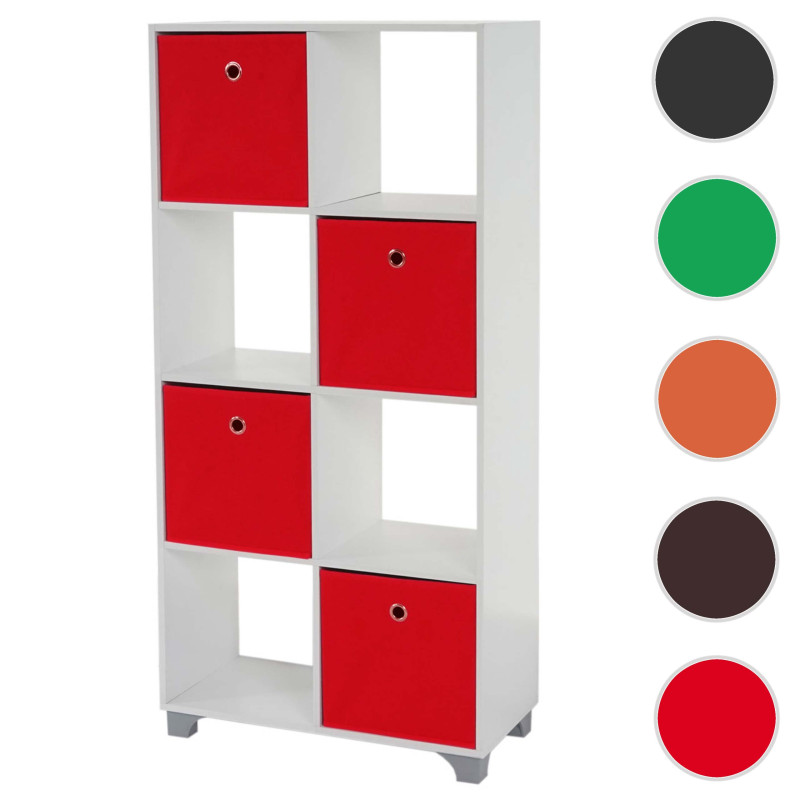 Étagère T364, étagère indépendante en bois, blanc, avec 4 boîtes pliables - rouge