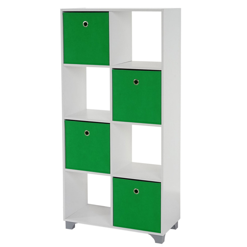 Étagère T364, étagère indépendante en bois, blanc, avec 4 boîtes pliables - vert