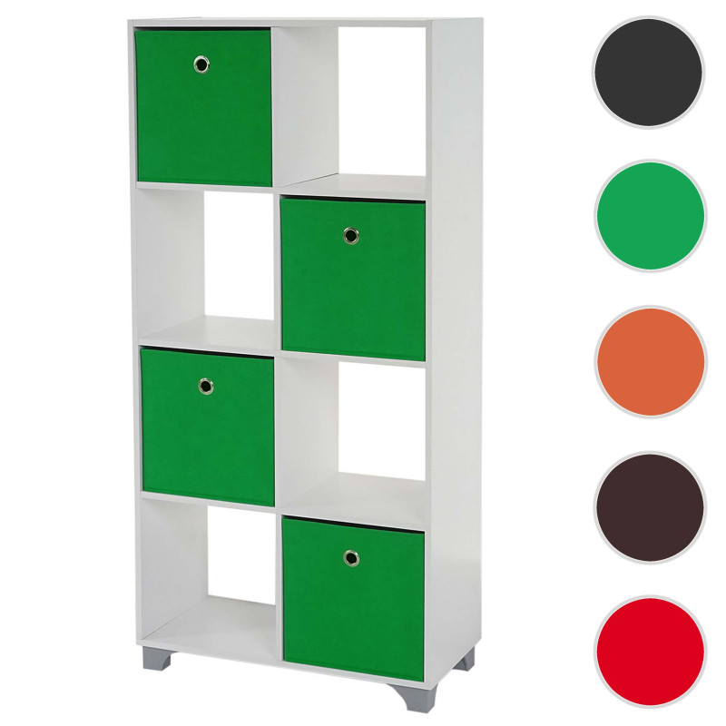 Étagère T364, étagère indépendante en bois, blanc, avec 4 boîtes pliables - vert