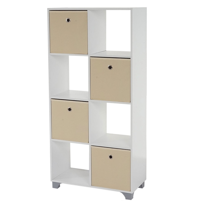 Étagère T364, étagère indépendante en bois, blanc, avec 4 boîtes pliables - beige