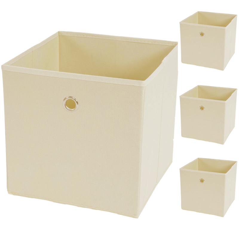 Étagère T364, étagère indépendante en bois, blanc, avec 4 boîtes pliables - beige