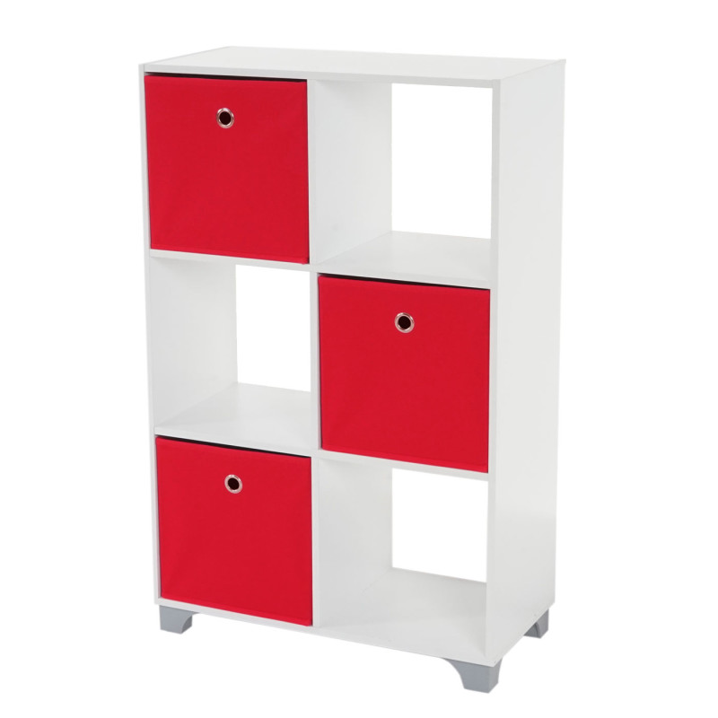 Étagère T364, étagère indépendante en bois, blanc, avec 3 boîtes pliables - rouge