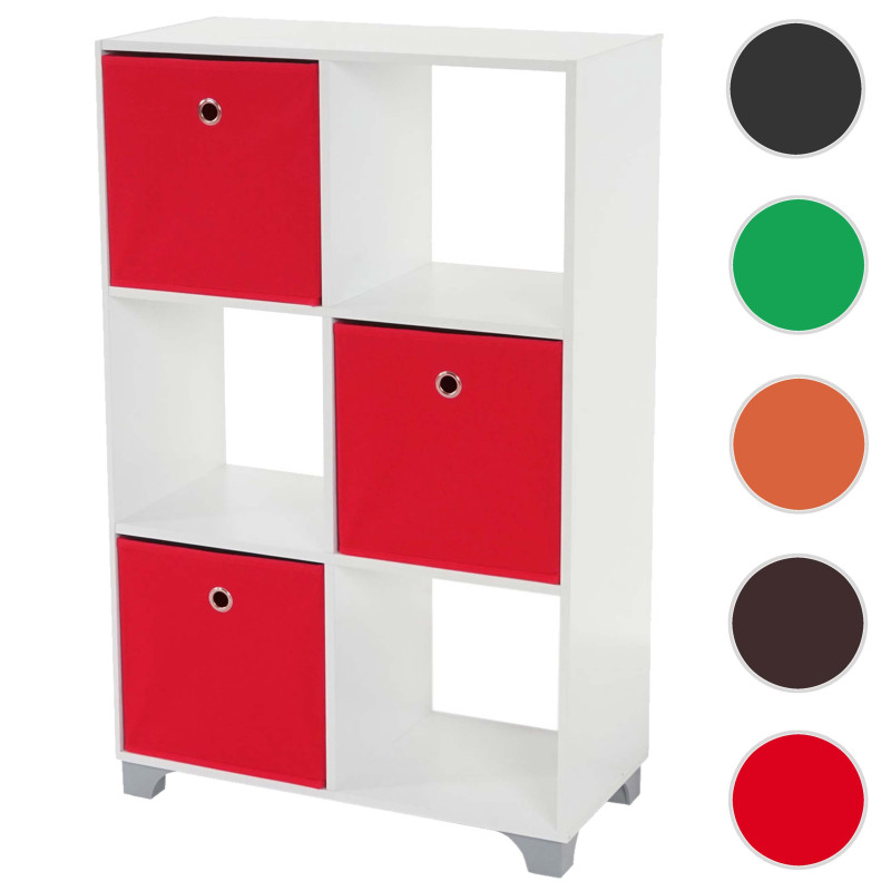 Étagère T364, étagère indépendante en bois, blanc, avec 3 boîtes pliables - rouge