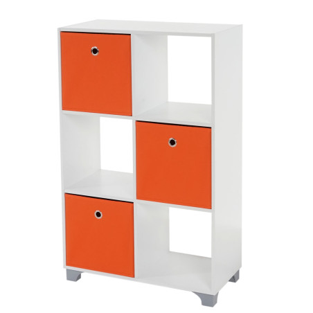 Étagère T364, étagère indépendante en bois, blanc, avec 3 boîtes pliables - orange