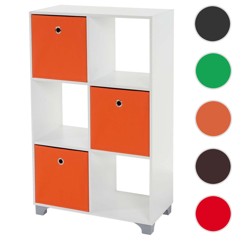 Étagère T364, étagère indépendante en bois, blanc, avec 3 boîtes pliables - orange