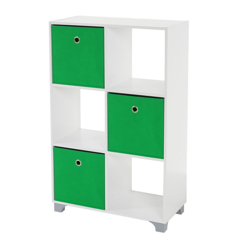 Étagère T364, étagère indépendante en bois, blanc, avec 3 boîtes pliables - vert