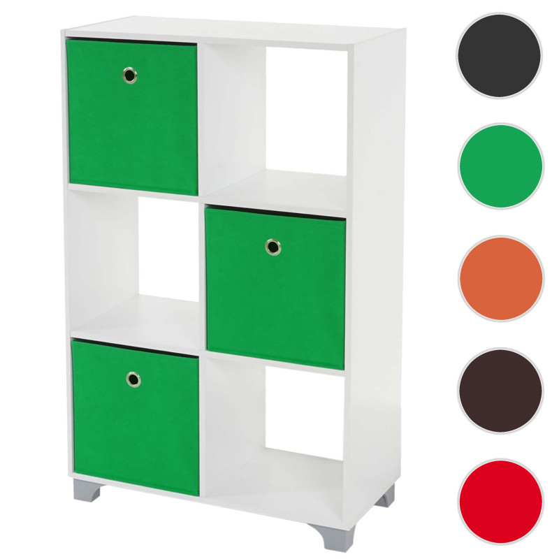 Étagère T364, étagère indépendante en bois, blanc, avec 3 boîtes pliables - vert