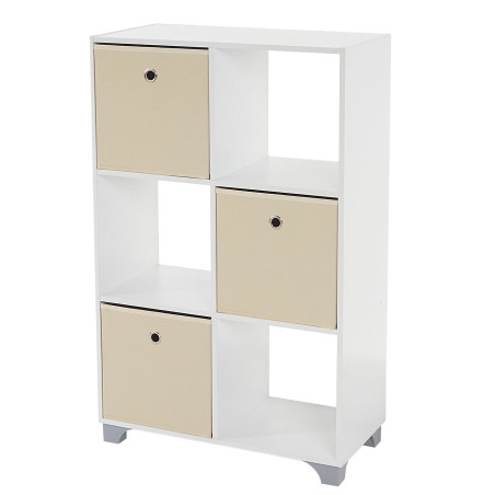 Étagère T364, étagère indépendante en bois, blanc, avec 3 boîtes pliables - beige