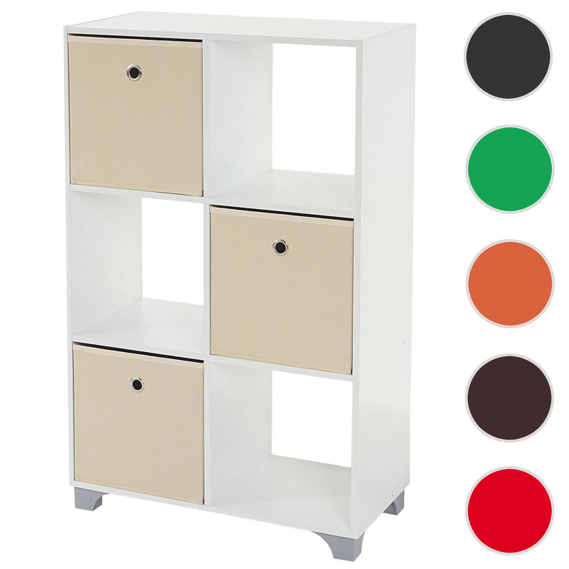 Étagère T364, étagère indépendante en bois, blanc, avec 3 boîtes pliables - beige