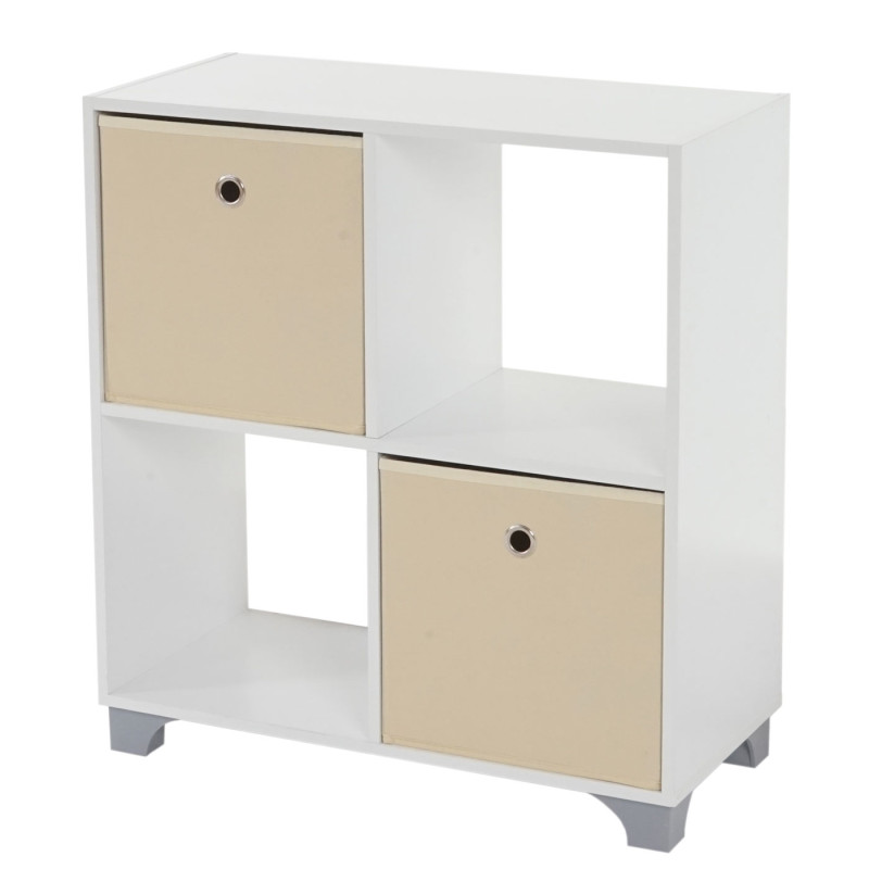 Étagère T364, étagère indépendante en bois, blanc, avec 2 boîtes pliables - beige