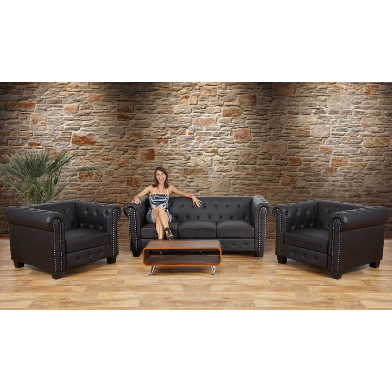 Banquette T373, banc rembourré Chesterfield, 55x138x42cm similicuir noir