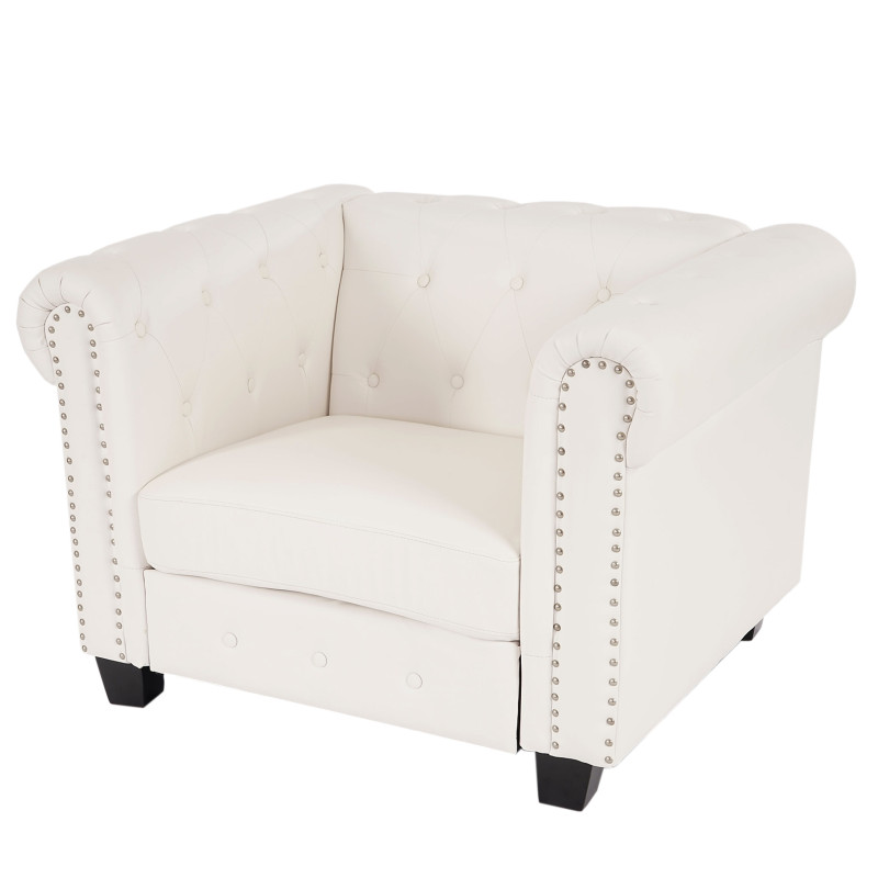 Fauteuil de luxe Chesterfield, fauteuil longue, similicuir - pieds angulaires, blanc