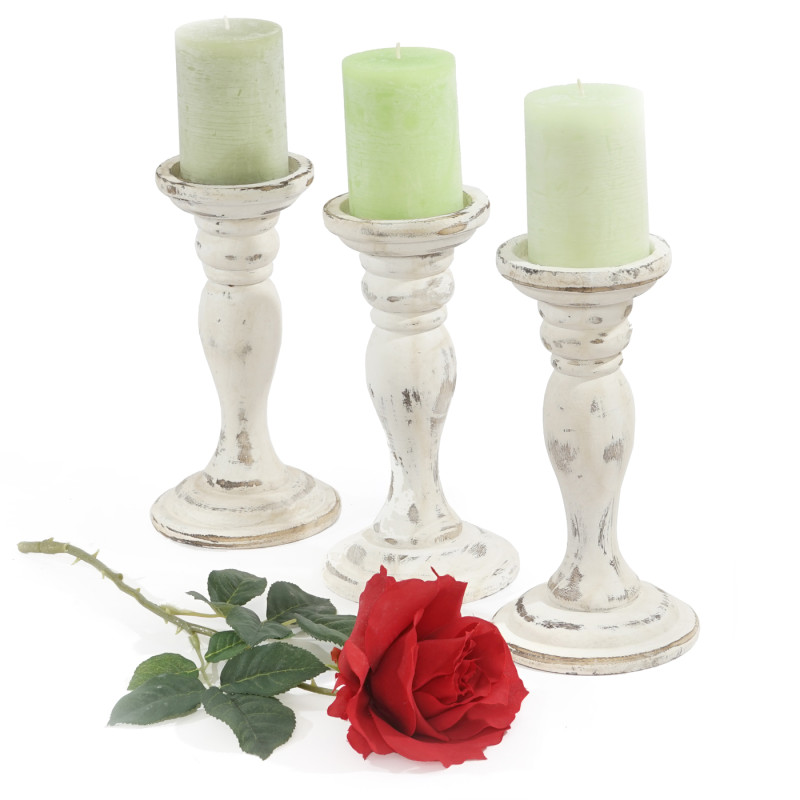 Bougeoir candélabre T361, romantique, 3 parties, style shabby, hauteur 24cm - blanc