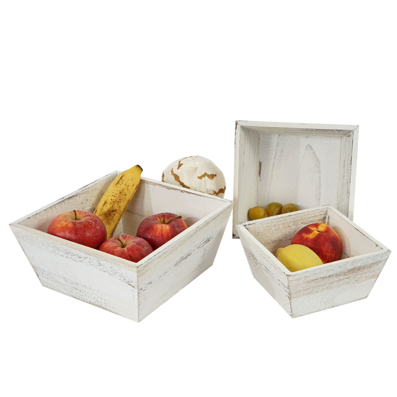 3x bol en bois pour fruits T284, bol de décoration en bois, style shabby - blanc