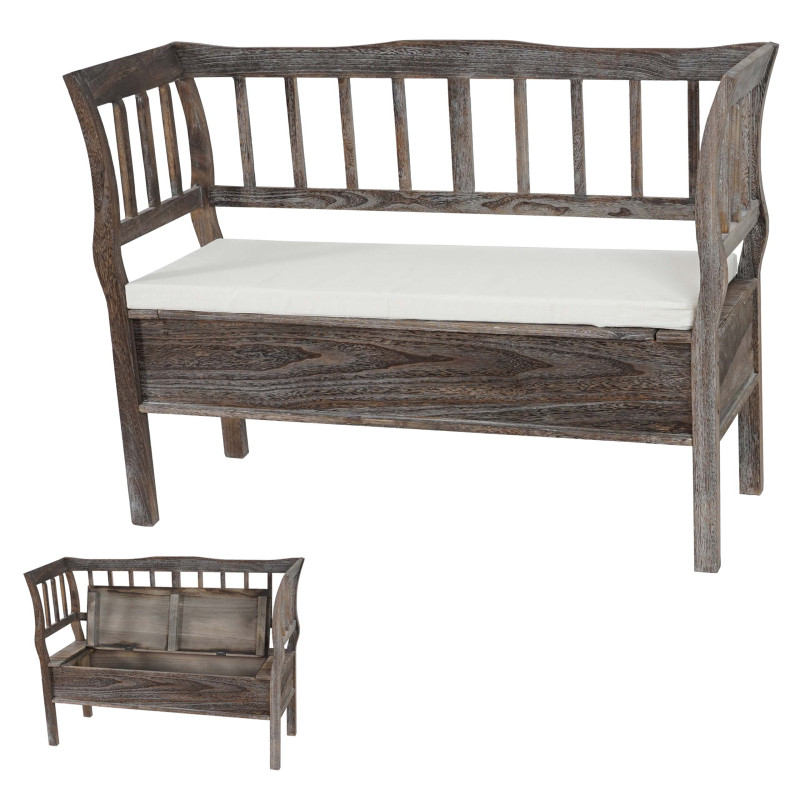 Banc banquette de rangement T207 bahut coffre avec coussin - bois marron shabby chic