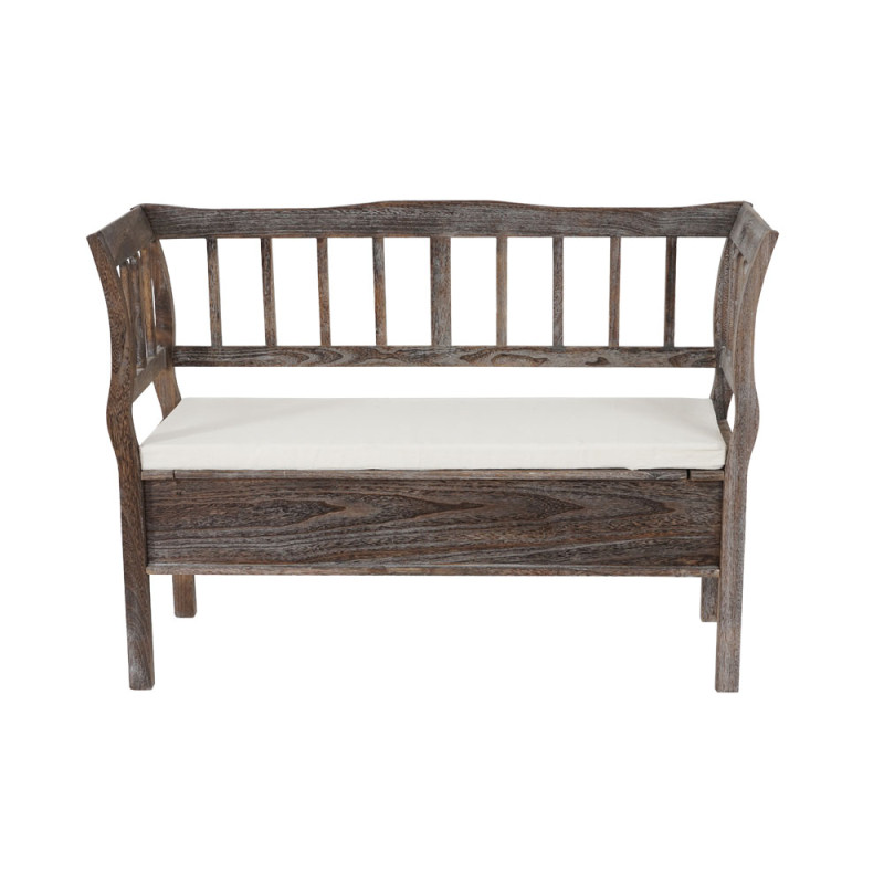 Banc banquette de rangement T207 bahut coffre avec coussin - bois marron shabby chic