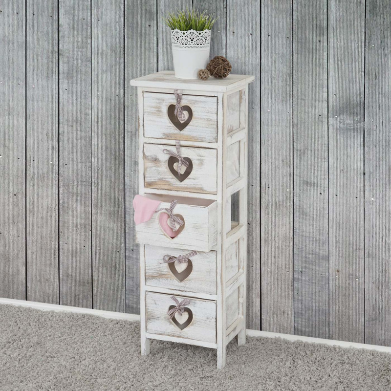 Commode / table d'appoint Forli / armoire, 5 tiroirs, 86x29x25cm, shabby, vintage, blanc